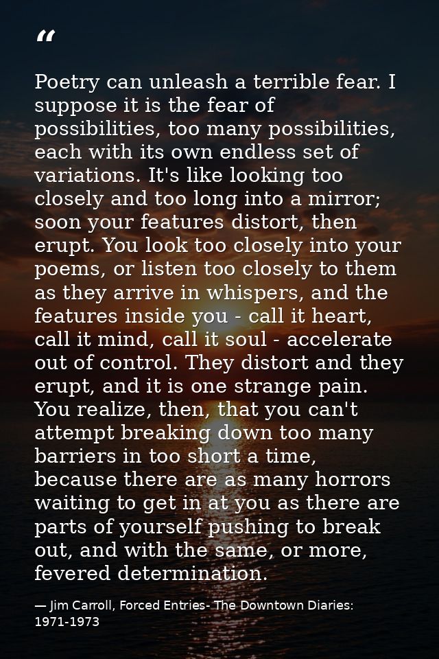 Poetry can unleash a terrible fear. I suppose it is the fear of possibilities, too many possibilities, each with its own — Jim Carroll, Forced Entries- The Downtown Diaries: 1971-1973