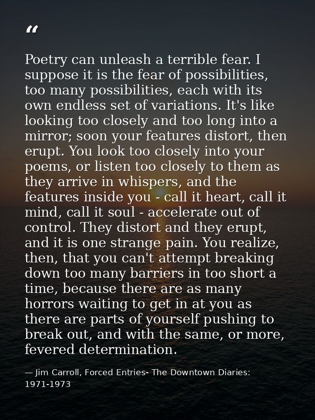Poetry can unleash a terrible fear. I suppose it is the fear of possibilities, too many possibilities, each with its own — Jim Carroll, Forced Entries- The Downtown Diaries: 1971-1973
