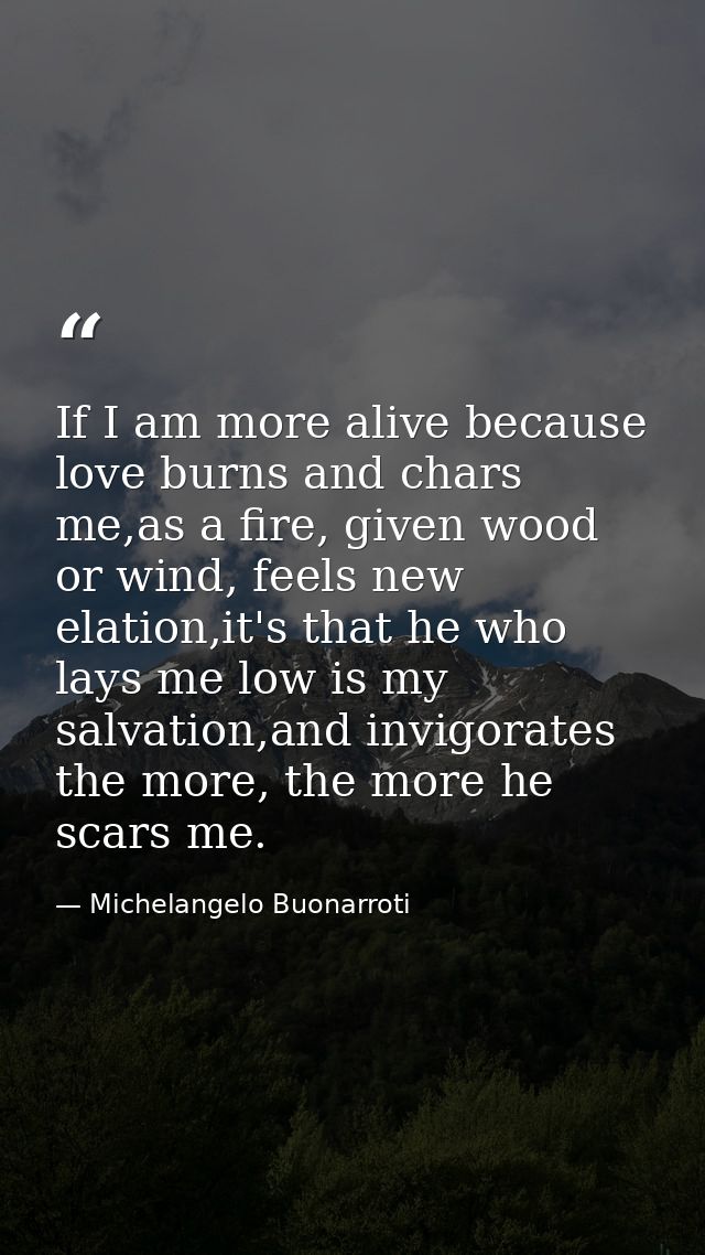 If I am more alive because love burns and chars me,as a fire, given wood or wind, feels new elation,it's that he who lay — Michelangelo Buonarroti