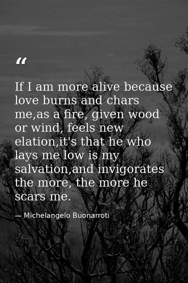 If I am more alive because love burns and chars me,as a fire, given wood or wind, feels new elation,it's that he who lay — Michelangelo Buonarroti
