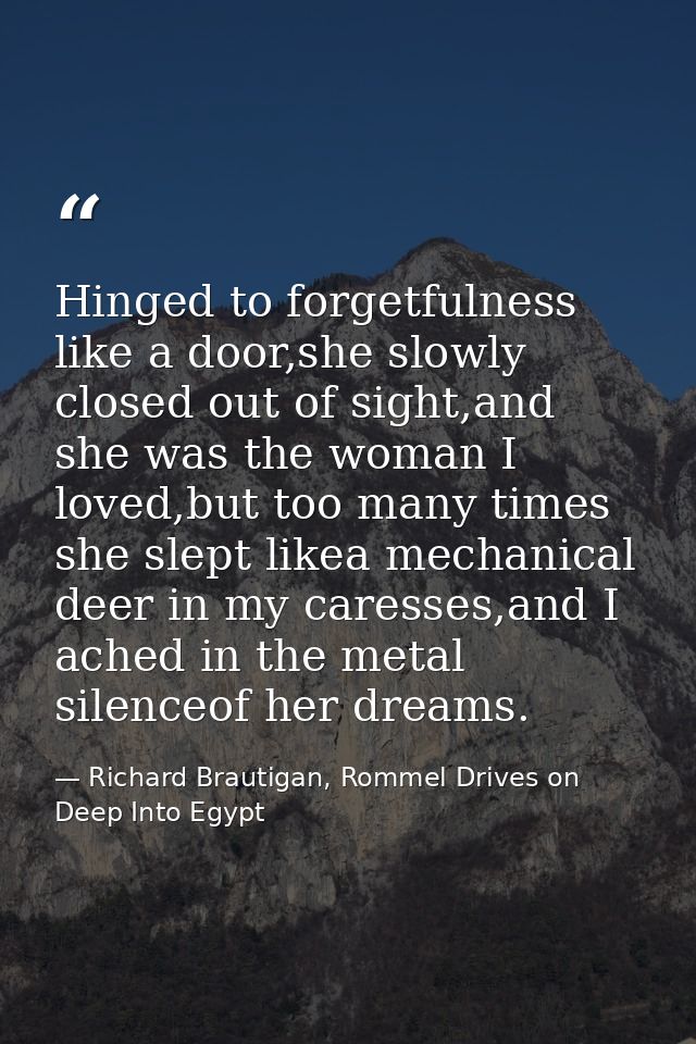 Hinged to forgetfulness like a door,she slowly closed out of sight,and she was the woman I loved,but too many times she  — Richard Brautigan, Rommel Drives on Deep Into Egypt