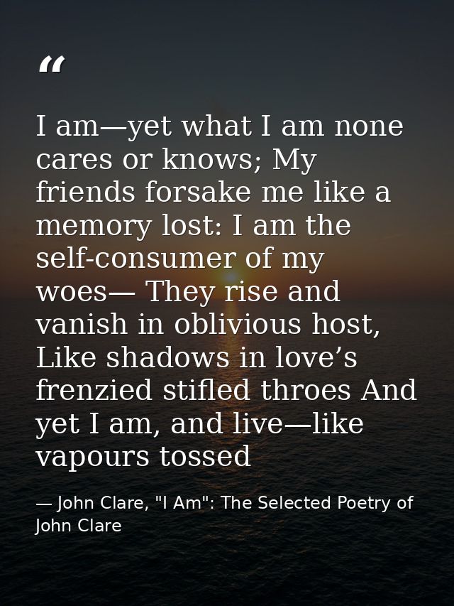 I am—yet what I am none cares or knows; My friends forsake me like a memory lost: I am the self-consumer of my woes— The — John Clare, "I Am": The Selected Poetry of John Clare