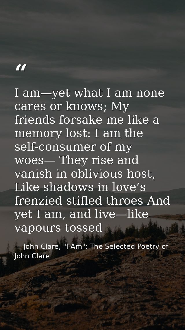 I am—yet what I am none cares or knows; My friends forsake me like a memory lost: I am the self-consumer of my woes— The — John Clare, "I Am": The Selected Poetry of John Clare