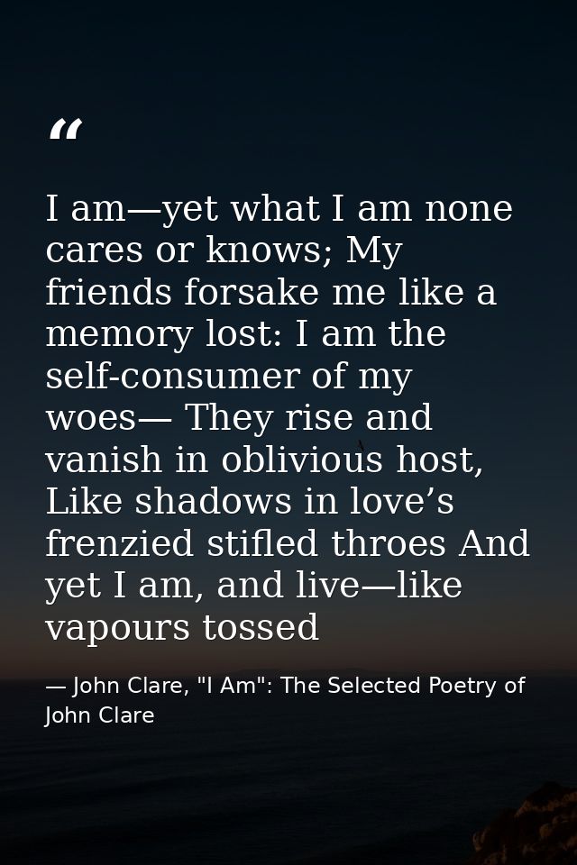 I am—yet what I am none cares or knows; My friends forsake me like a memory lost: I am the self-consumer of my woes— The — John Clare, "I Am": The Selected Poetry of John Clare