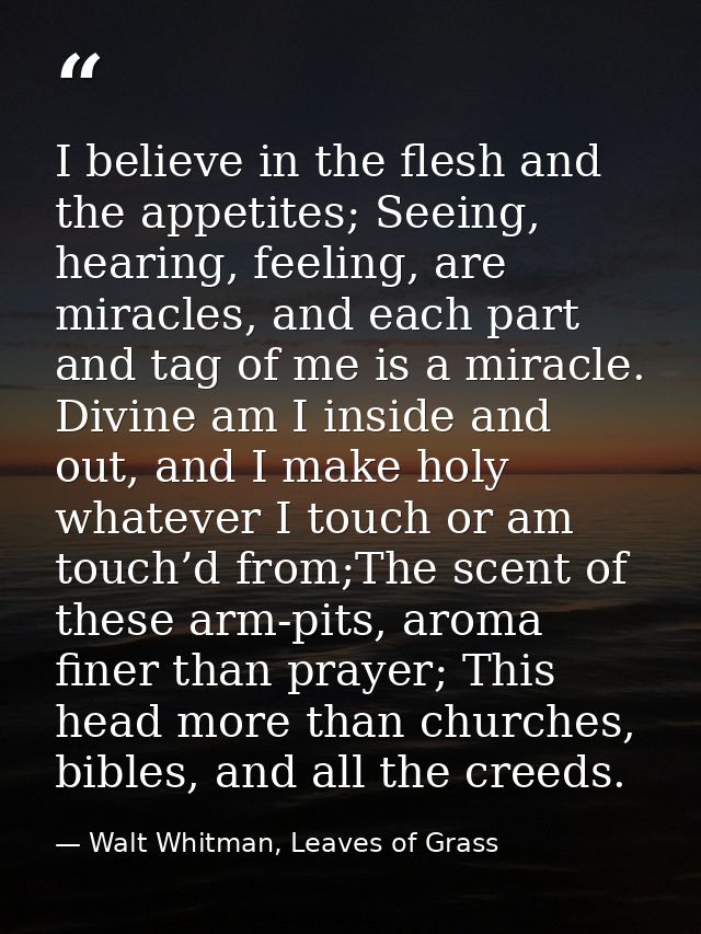 I believe in the flesh and the appetites; Seeing, hearing, feeling, are miracles, and each part and tag of me is a mirac — Walt Whitman, Leaves of Grass