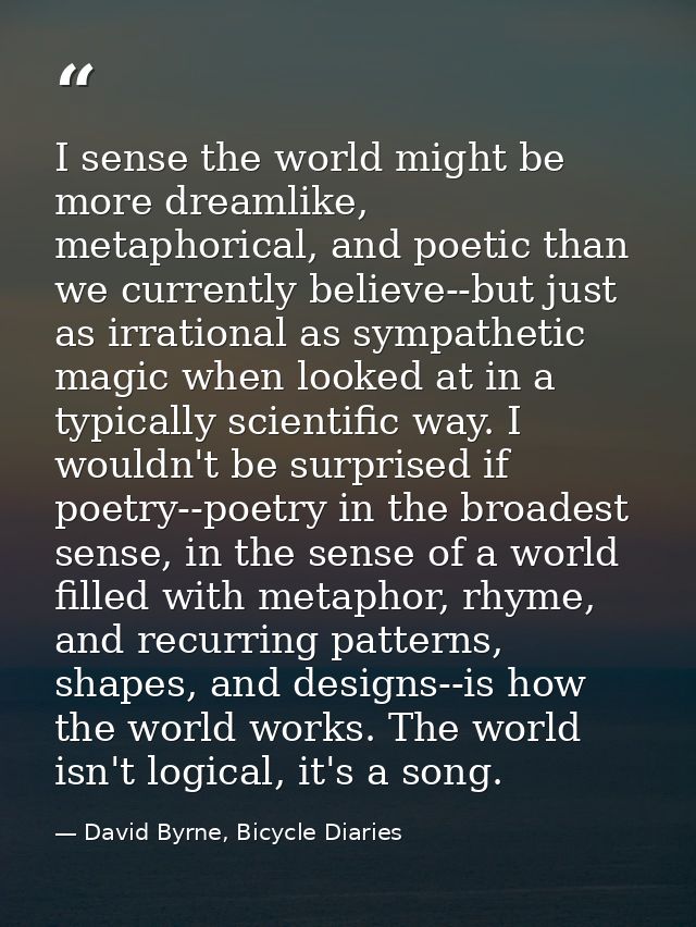 I sense the world might be more dreamlike, metaphorical, and poetic than we currently believe--but just as irrational as — David Byrne, Bicycle Diaries