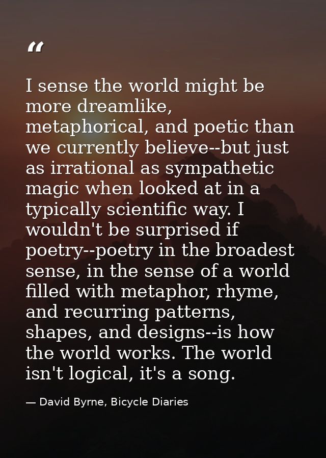 I sense the world might be more dreamlike, metaphorical, and poetic than we currently believe--but just as irrational as — David Byrne, Bicycle Diaries