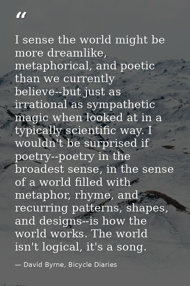 I sense the world might be more dreamlike, metaphorical, and poetic than we currently believe--but just as irrational as — David Byrne, Bicycle Diaries