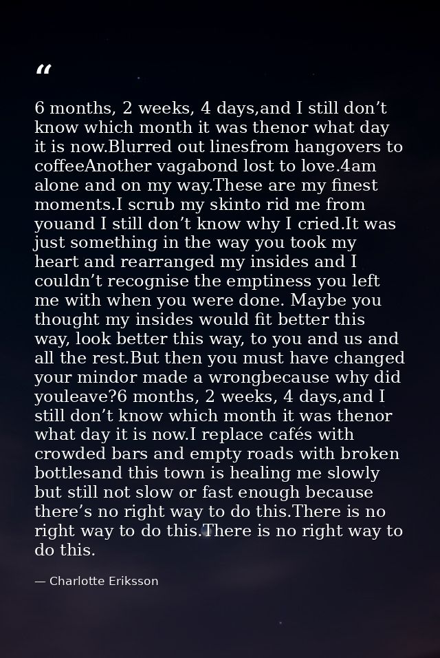 6 months, 2 weeks, 4 days,and I still don’t know which month it was thenor what day it is now.Blurred out linesfrom hang — Charlotte Eriksson