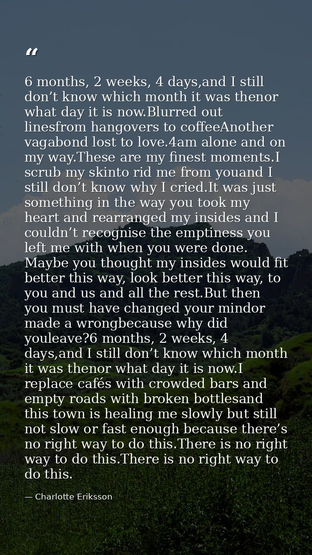 6 months, 2 weeks, 4 days,and I still don’t know which month it was thenor what day it is now.Blurred out linesfrom hang — Charlotte Eriksson