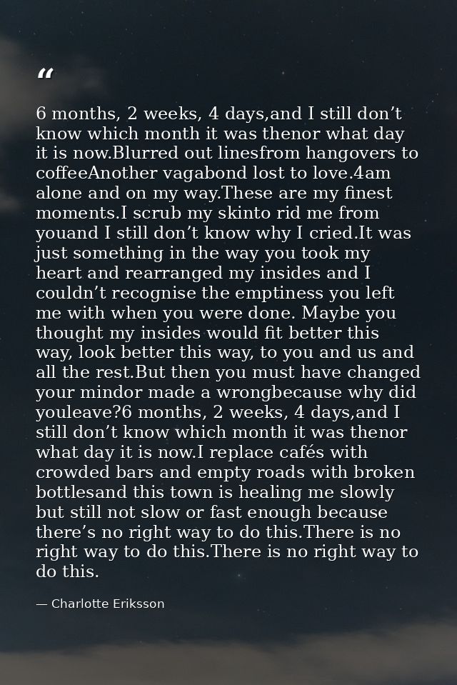 6 months, 2 weeks, 4 days,and I still don’t know which month it was thenor what day it is now.Blurred out linesfrom hang — Charlotte Eriksson