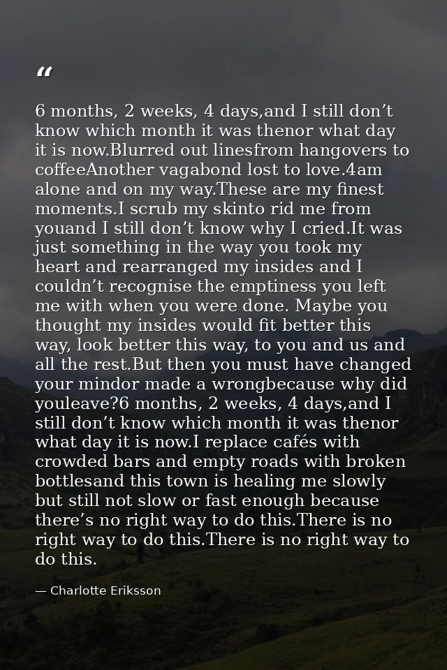 6 months, 2 weeks, 4 days,and I still don’t know which month it was thenor what day it is now.Blurred out linesfrom hang — Charlotte Eriksson