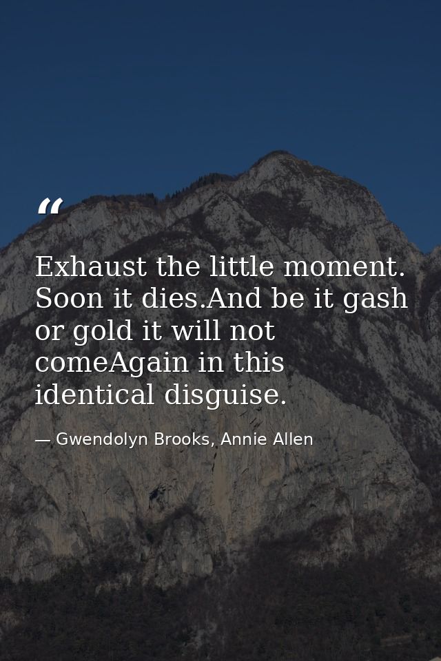 Exhaust the little moment. Soon it dies.And be it gash or gold it will not comeAgain in this identical disguise. — Gwendolyn Brooks, Annie Allen