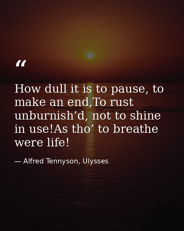 How dull it is to pause, to make an end,To rust unburnish’d, not to shine in use!As tho’ to breathe were life! — Alfred Tennyson, Ulysses
