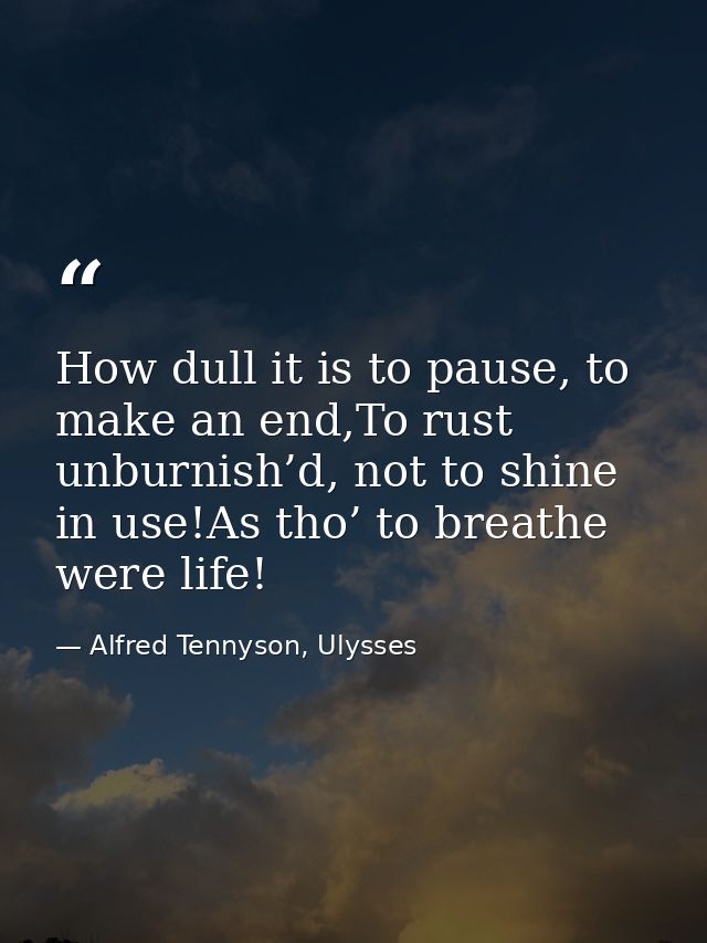 How dull it is to pause, to make an end,To rust unburnish’d, not to shine in use!As tho’ to breathe were life! — Alfred Tennyson, Ulysses