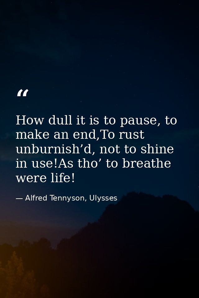 How dull it is to pause, to make an end,To rust unburnish’d, not to shine in use!As tho’ to breathe were life! — Alfred Tennyson, Ulysses