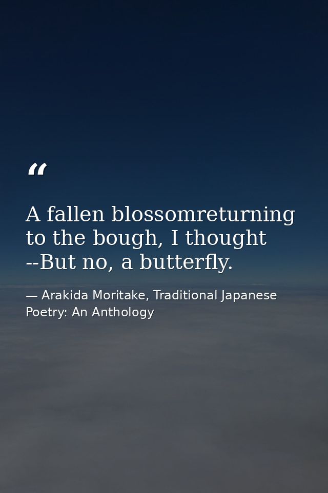 A fallen blossomreturning to the bough, I thought --But no, a butterfly. — Arakida Moritake, Traditional Japanese Poetry: An Anthology