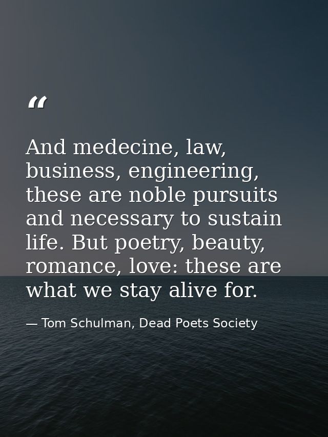And medecine, law, business, engineering, these are noble pursuits and necessary to sustain life. But poetry, beauty, ro — Tom Schulman, Dead Poets Society