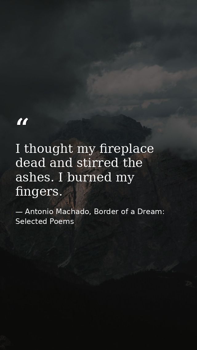 I thought my fireplace dead and stirred the ashes. I burned my fingers. — Antonio Machado, Border of a Dream: Selected Poems