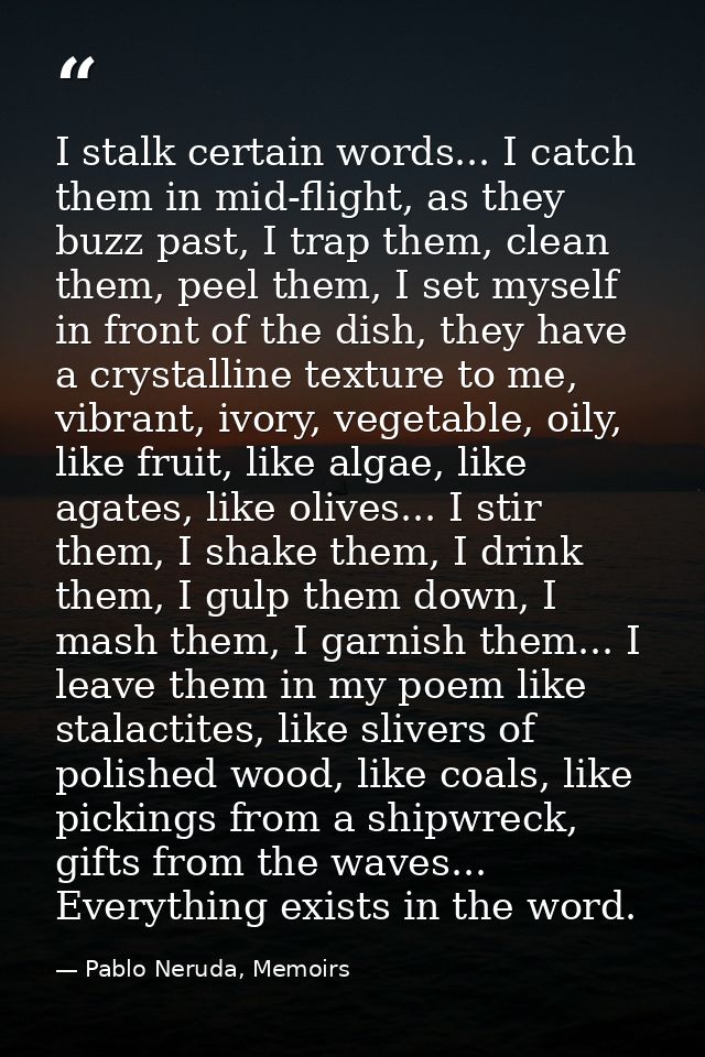 I stalk certain words... I catch them in mid-flight, as they buzz past, I trap them, clean them, peel them, I set myself — Pablo Neruda, Memoirs