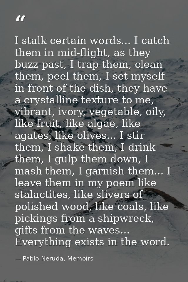 I stalk certain words... I catch them in mid-flight, as they buzz past, I trap them, clean them, peel them, I set myself — Pablo Neruda, Memoirs