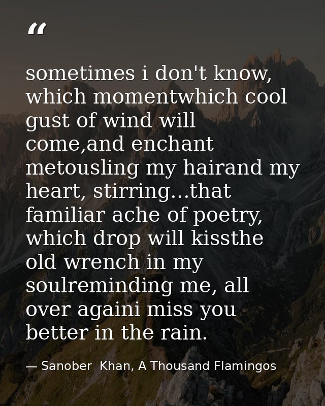 sometimes i don't know, which momentwhich cool gust of wind will come,and enchant metousling my hairand my heart, stirri — Sanober  Khan, A Thousand Flamingos