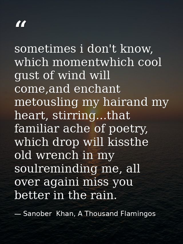 sometimes i don't know, which momentwhich cool gust of wind will come,and enchant metousling my hairand my heart, stirri — Sanober  Khan, A Thousand Flamingos