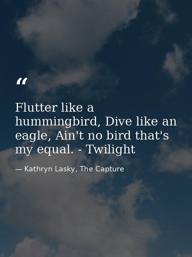 Flutter like a hummingbird, Dive like an eagle, Ain't no bird that's my equal. - Twilight — Kathryn Lasky, The Capture
