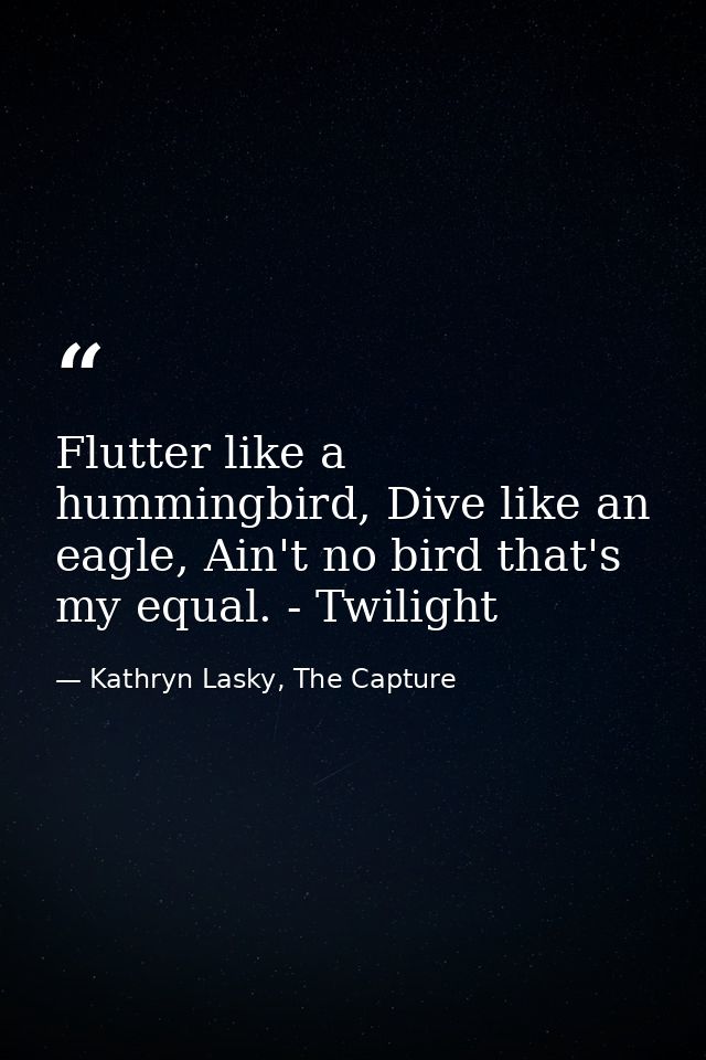 Flutter like a hummingbird, Dive like an eagle, Ain't no bird that's my equal. - Twilight — Kathryn Lasky, The Capture