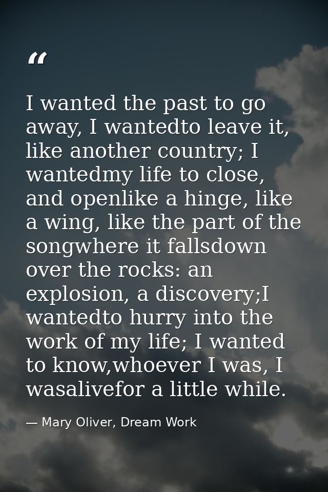 I wanted the past to go away, I wantedto leave it, like another country; I wantedmy life to close, and openlike a hinge, — Mary Oliver, Dream Work