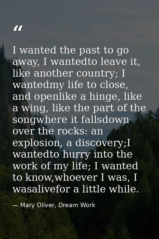 I wanted the past to go away, I wantedto leave it, like another country; I wantedmy life to close, and openlike a hinge, — Mary Oliver, Dream Work