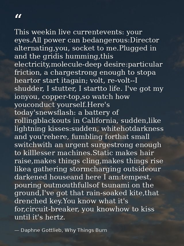 This weekin live currentevents: your eyes.All power can bedangerous:Director alternating,you, socket to me.Plugged in an — Daphne Gottlieb, Why Things Burn