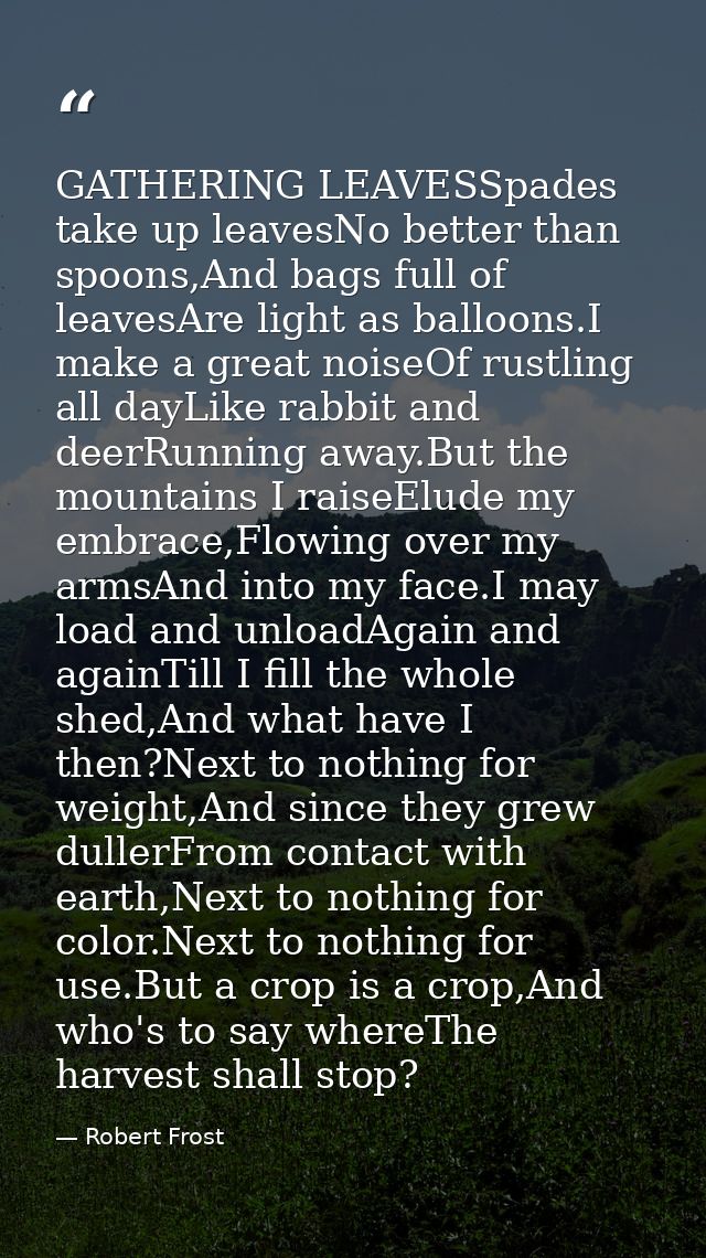 GATHERING LEAVESSpades take up leavesNo better than spoons,And bags full of leavesAre light as balloons.I make a great n — Robert Frost