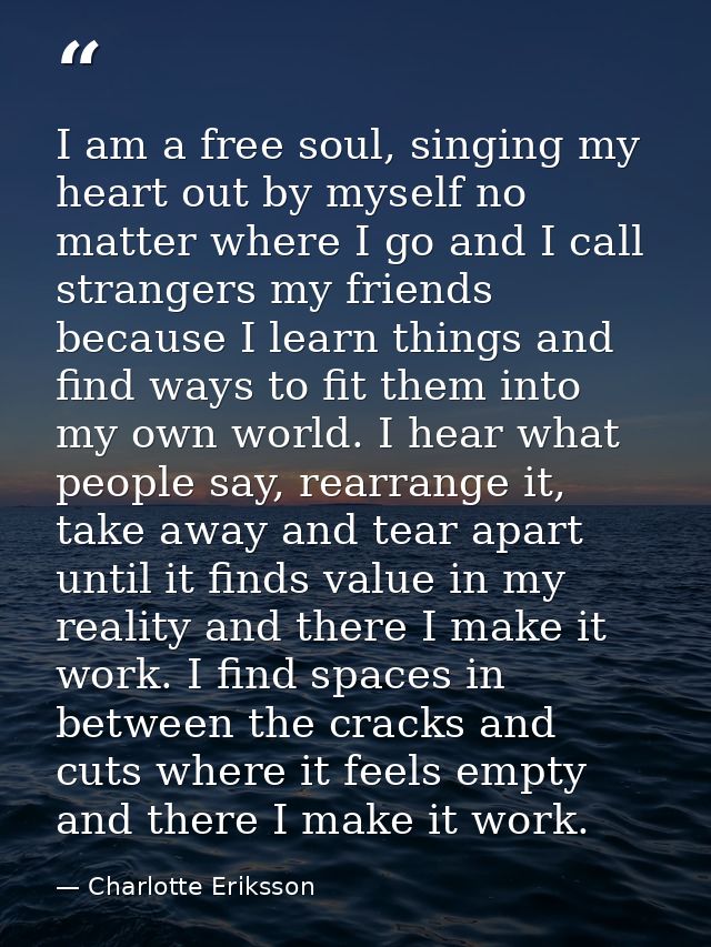 I am a free soul, singing my heart out by myself no matter where I go and I call strangers my friends because I learn th — Charlotte Eriksson