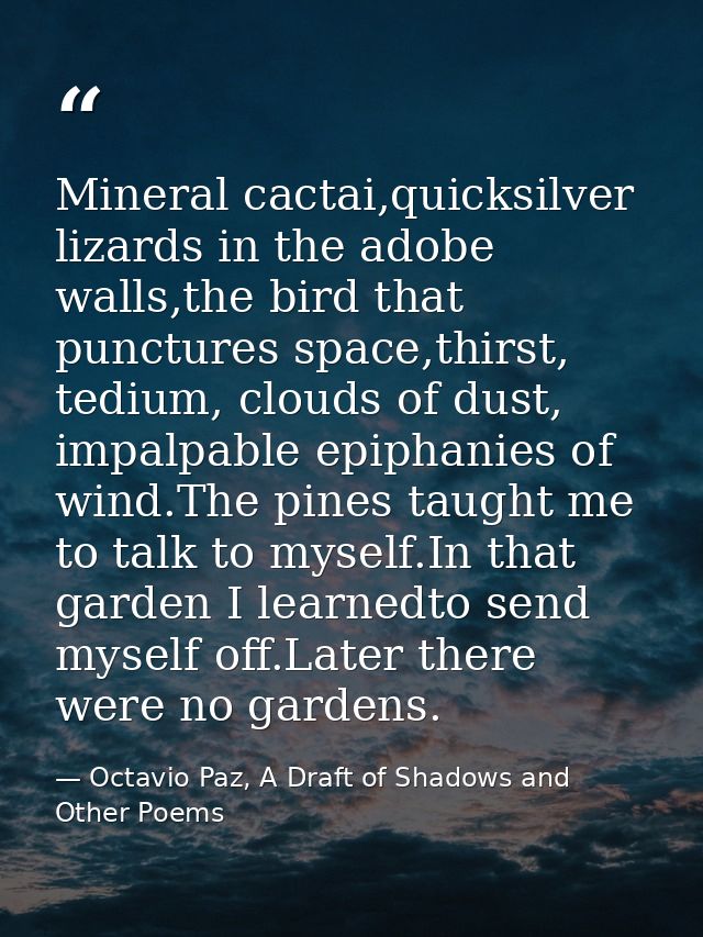 Mineral cactai,quicksilver lizards in the adobe walls,the bird that punctures space,thirst, tedium, clouds of dust, impa — Octavio Paz, A Draft of Shadows and Other Poems