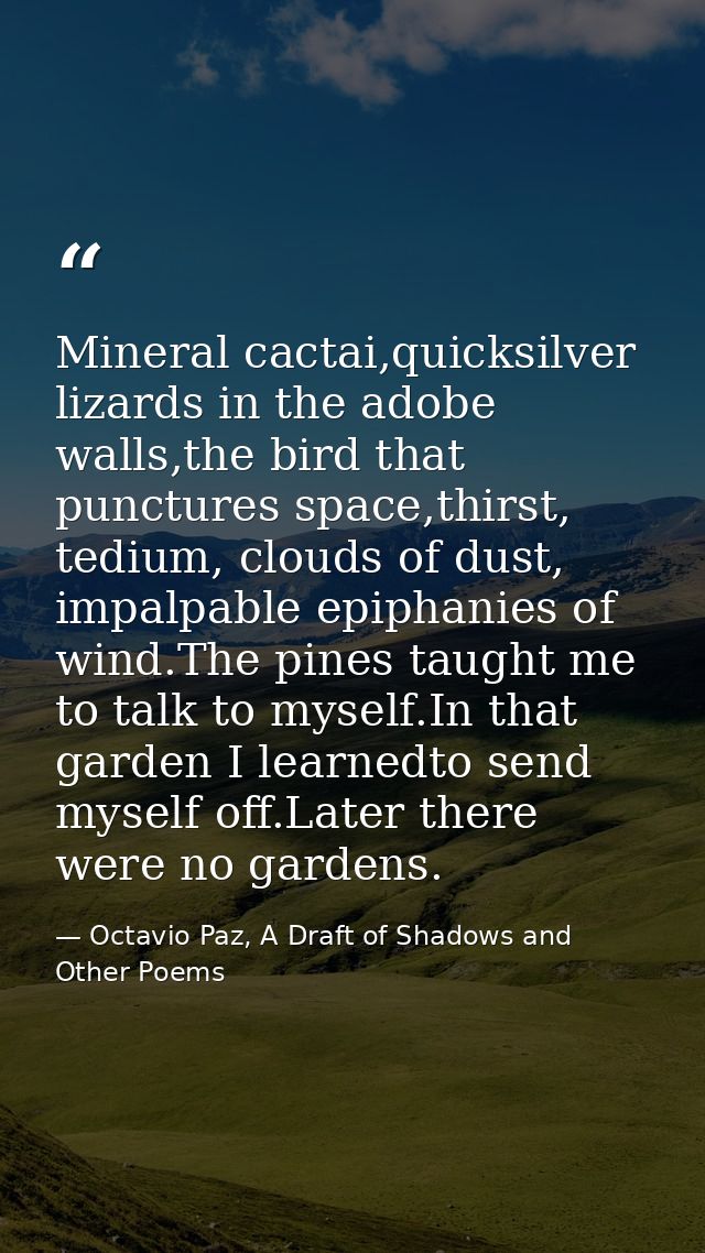 Mineral cactai,quicksilver lizards in the adobe walls,the bird that punctures space,thirst, tedium, clouds of dust, impa — Octavio Paz, A Draft of Shadows and Other Poems