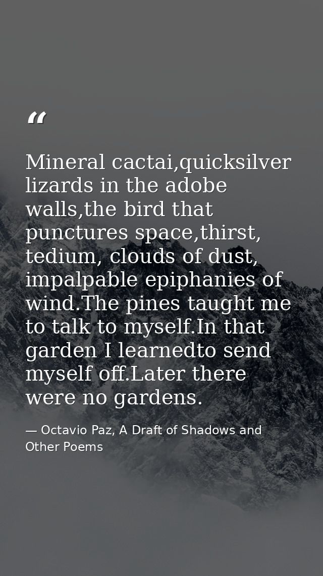 Mineral cactai,quicksilver lizards in the adobe walls,the bird that punctures space,thirst, tedium, clouds of dust, impa — Octavio Paz, A Draft of Shadows and Other Poems