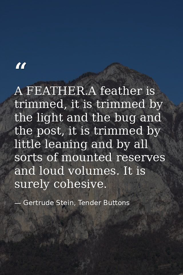 A FEATHER.A feather is trimmed, it is trimmed by the light and the bug and the post, it is trimmed by little leaning and — Gertrude Stein, Tender Buttons