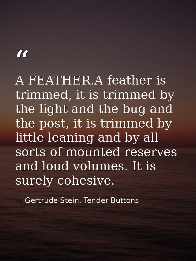 A FEATHER.A feather is trimmed, it is trimmed by the light and the bug and the post, it is trimmed by little leaning and — Gertrude Stein, Tender Buttons