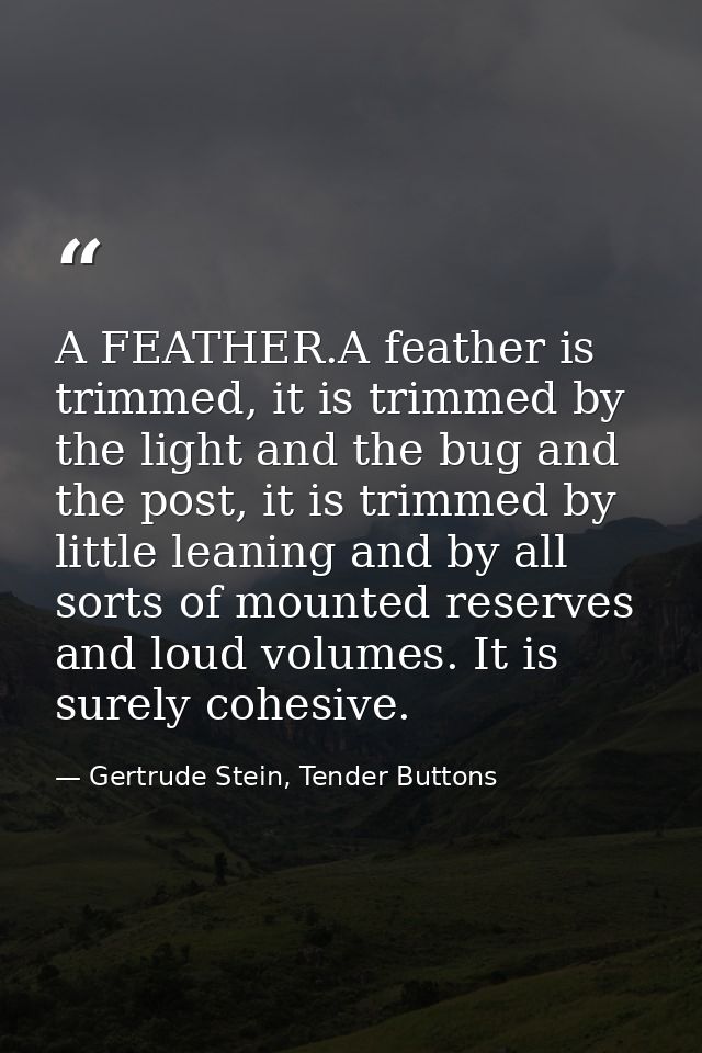 A FEATHER.A feather is trimmed, it is trimmed by the light and the bug and the post, it is trimmed by little leaning and — Gertrude Stein, Tender Buttons