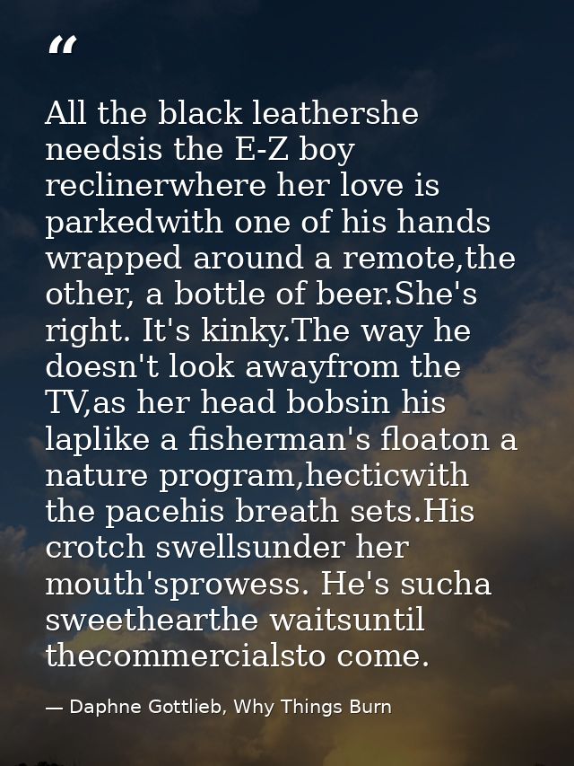 All the black leathershe needsis the E-Z boy reclinerwhere her love is parkedwith one of his hands wrapped around a remo — Daphne Gottlieb, Why Things Burn