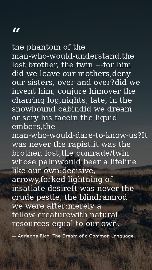 the phantom of the man-who-would-understand,the lost brother, the twin ---for him did we leave our mothers,deny our sist — Adrienne Rich, The Dream of a Common Language