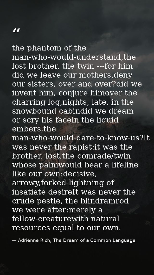 the phantom of the man-who-would-understand,the lost brother, the twin ---for him did we leave our mothers,deny our sist — Adrienne Rich, The Dream of a Common Language