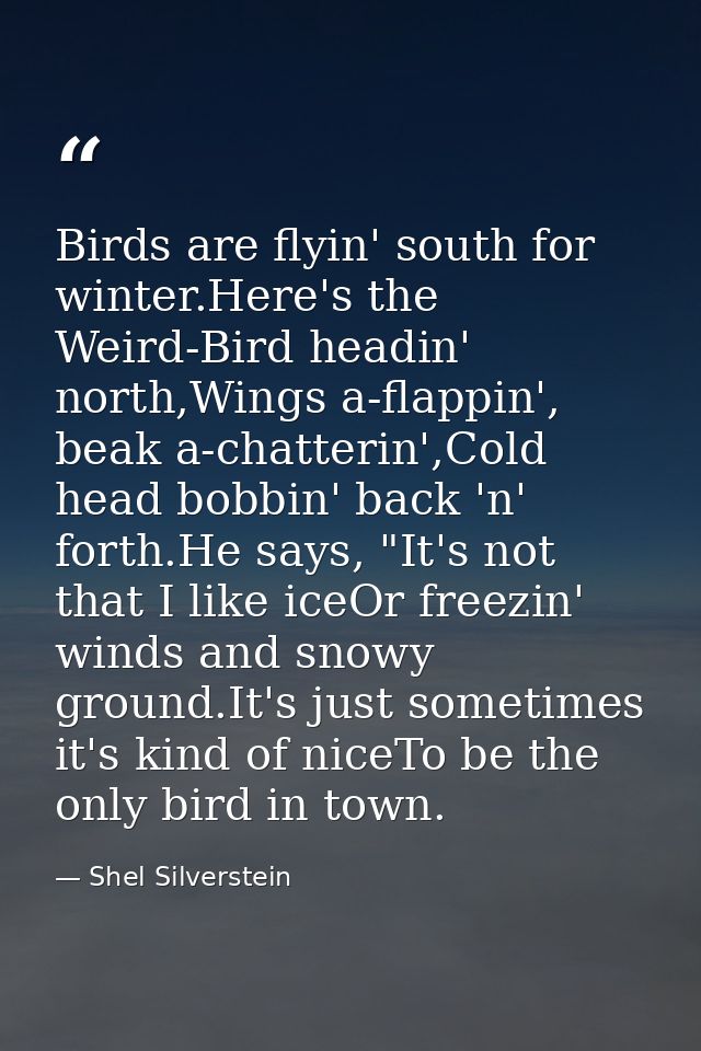 Birds are flyin' south for winter.Here's the Weird-Bird headin' north,Wings a-flappin', beak a-chatterin',Cold head bobb — Shel Silverstein