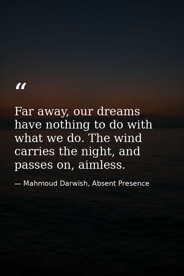 Far away, our dreams have nothing to do with what we do. The wind carries the night, and passes on, aimless. — Mahmoud Darwish, Absent Presence