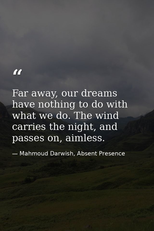 Far away, our dreams have nothing to do with what we do. The wind carries the night, and passes on, aimless. — Mahmoud Darwish, Absent Presence