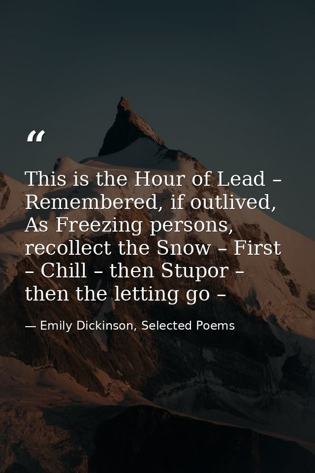 This is the Hour of Lead – Remembered, if outlived, As Freezing persons, recollect the Snow – First – Chill – then Stupo — Emily Dickinson, Selected Poems