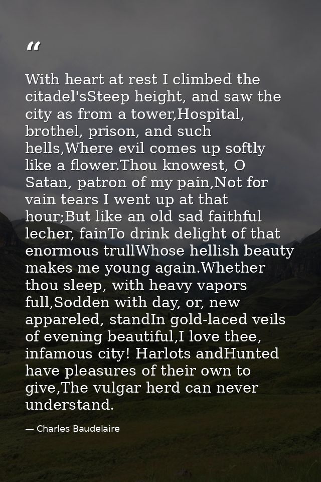 With heart at rest I climbed the citadel'sSteep height, and saw the city as from a tower,Hospital, brothel, prison, and  — Charles Baudelaire