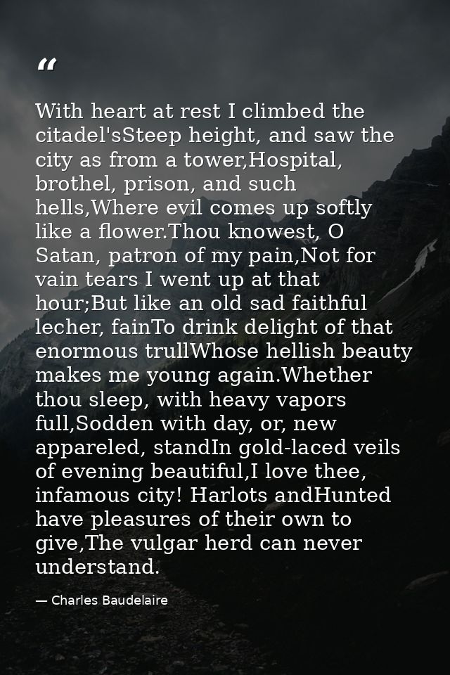 With heart at rest I climbed the citadel'sSteep height, and saw the city as from a tower,Hospital, brothel, prison, and  — Charles Baudelaire