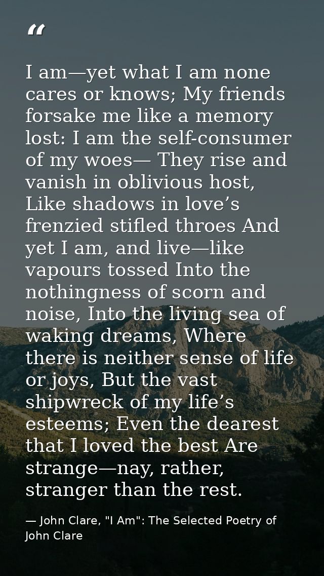 I am—yet what I am none cares or knows; My friends forsake me like a memory lost: I am the self-consumer of my woes— The — John Clare, "I Am": The Selected Poetry of John Clare